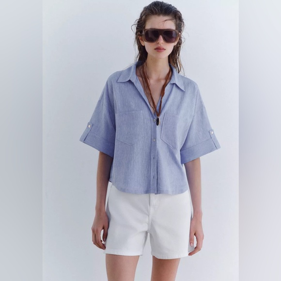 Zara Light Blue Women's Button Down Shirt - Picture 1 of 15